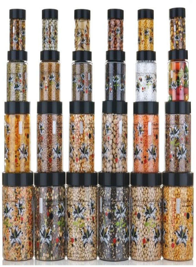 Qshare Flower Printed Storage Containers - Plastic Storage Organiser Jar Set for Kitchen with Airtight Lid Spoon, 1200ml, 650ml, 350ml & 250ml Dabba for Snacks, Grains Dry Fruits (Black, Set Of 12pc) - Image 4